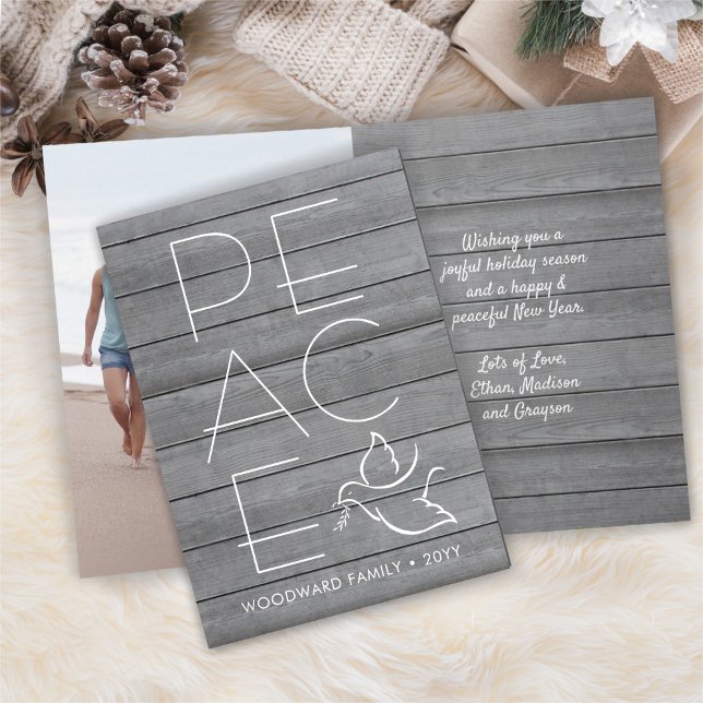 White Dove 1 Photo Modern Peace Gray Wood Folded Holiday Card (Creator Uploaded)