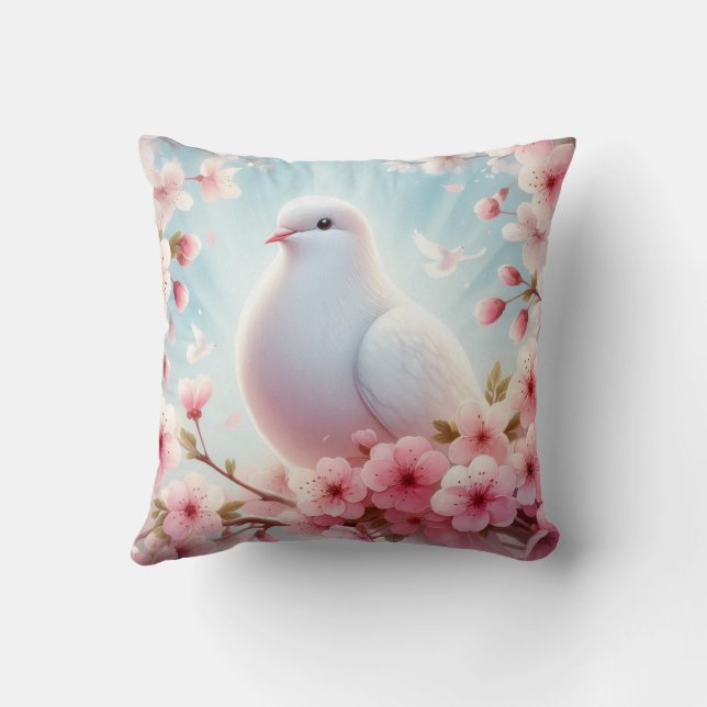White Dove Among Pink Blossoms Throw Pillow (Back)