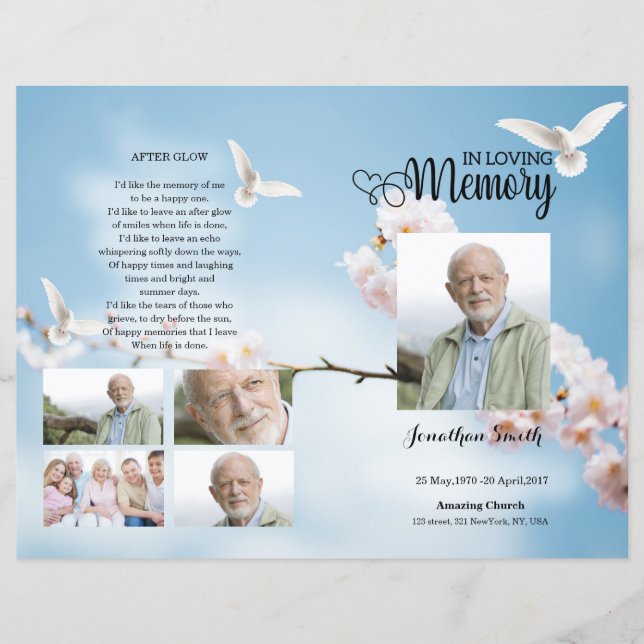 White Dove and Floral Funeral Program template (Front)