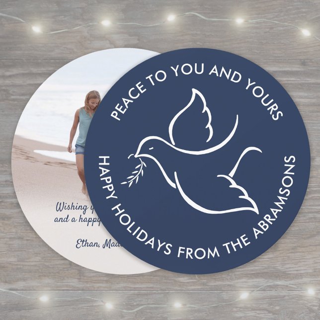 White Dove Bird of Peace Unique Round 1 Photo Navy Holiday Card (Creator Uploaded)