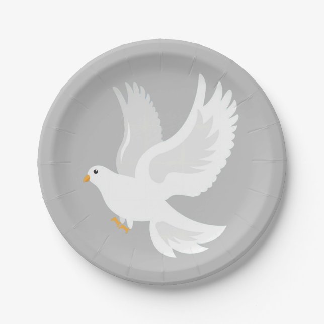 White dove bird on grey paper plates (Front)