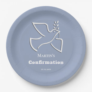 white dove blue background Confirmation  Paper Plates