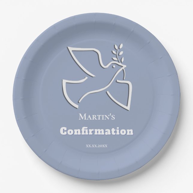 white dove blue background Confirmation  Paper Plates (Front)