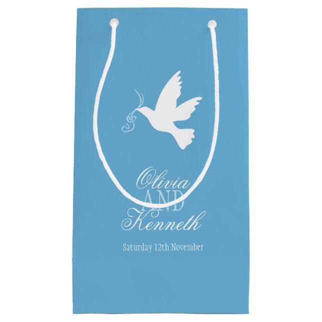 White dove blue wedding thank you custom gift bag (Front)