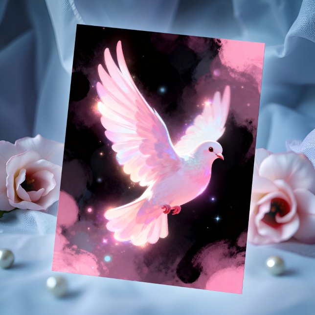 White Dove Ethereal Love Pink Clouds Celestial Postcard (White dove in flight over starry night and pink clouds - calm, romantic, quietly magical art card.)