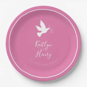 White dove flying bird pink ribbons wedding paper plates