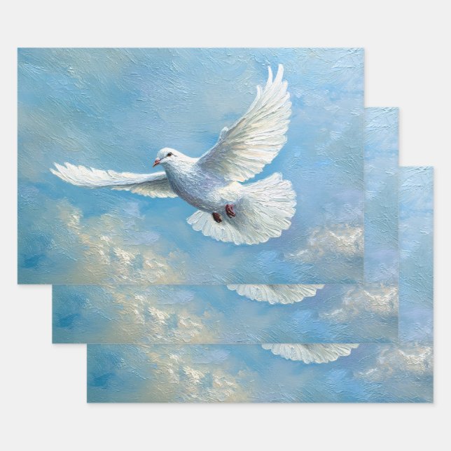 White Dove Flying Blue Background Wrapping Paper Sheets (Set)