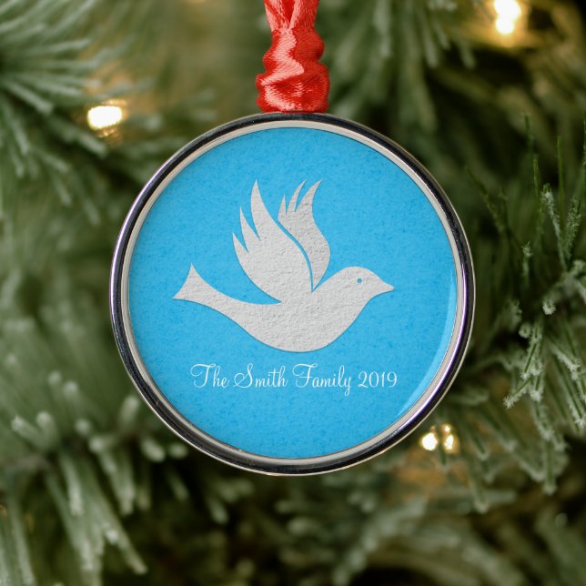 White Dove Graphic On Light Blue Metal Ornament (Tree)