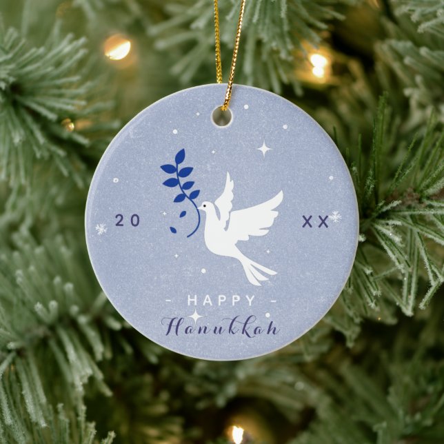 White Dove Happy Hanukkah Year Chrismukkah Ceramic Ornament (Tree)