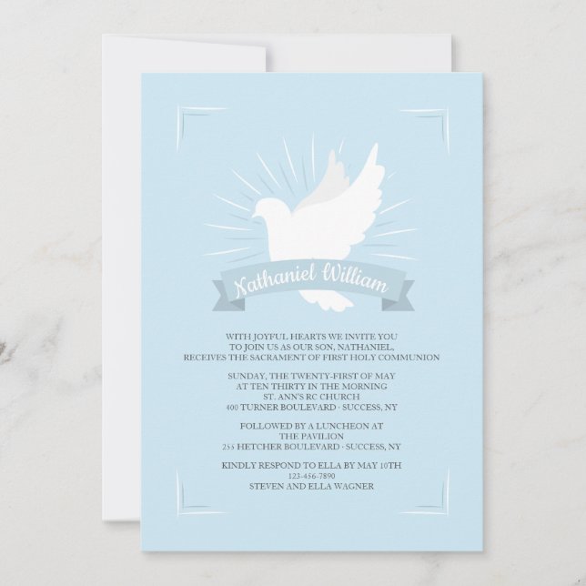 White Dove In Blue Religious Invitation (Front)