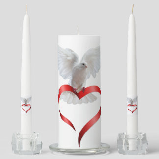 White Dove in Flight Red Satin Ribbon Heart Unity Candle Set