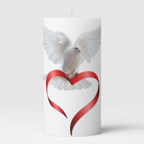 White Dove in Flight Red Satin Ribbon Heart Unity Pillar Candle