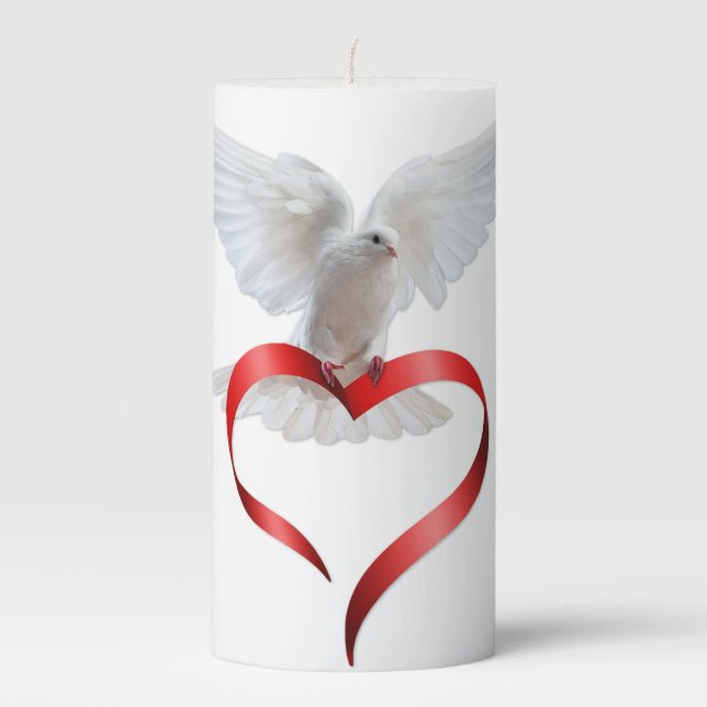 White Dove in Flight Red Satin Ribbon Heart Unity Pillar Candle (Front)