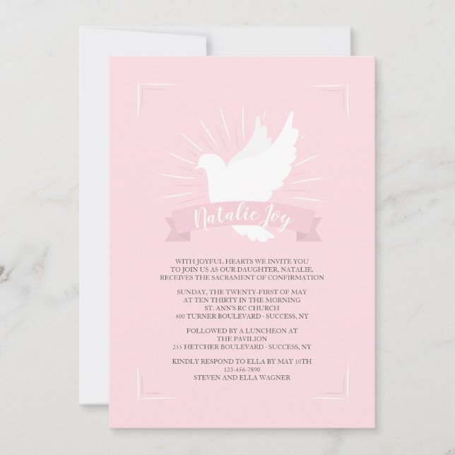 White Dove In Pink Religious Invitation (Front)
