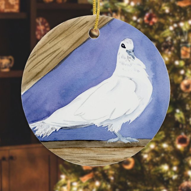 White Dove in the Rafters (Friendly Beasts Series) Ceramic Ornament (Dove Friendly Beasts ornament hanging in front of a Christmas tree in a living room)
