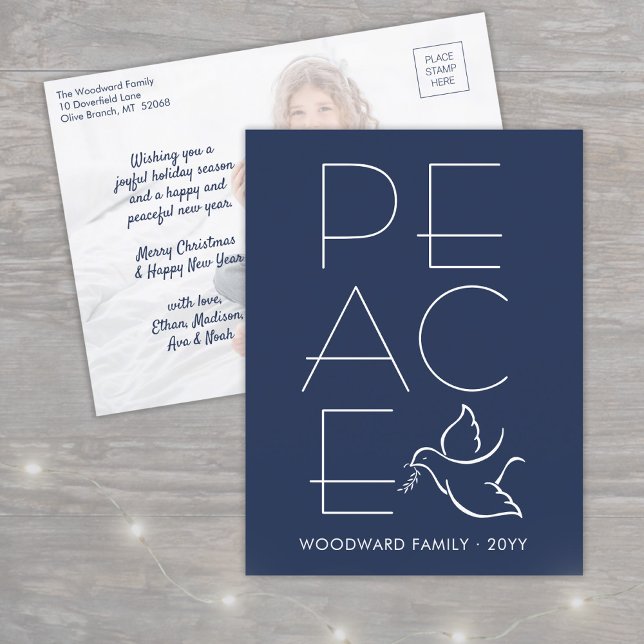 White Dove Modern Unique Peace 1 Photo Navy Blue Holiday Postcard (Creator Uploaded)