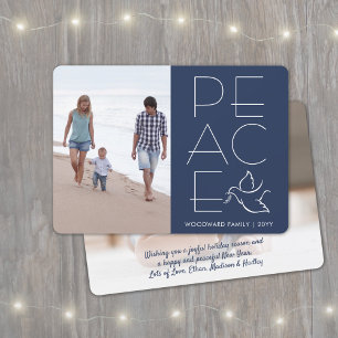 White Dove Modern Unique Peace 2 Photo Navy Blue Holiday Card