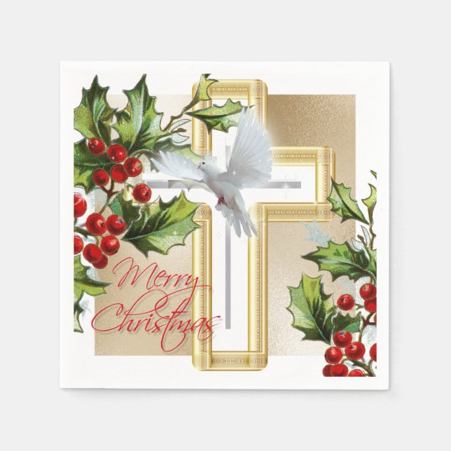 White dove of peace holiday mistletoe gold print napkins (Front)