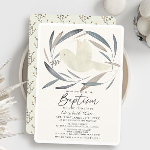 White Dove Olive Branch Greenery Baptism Invitation