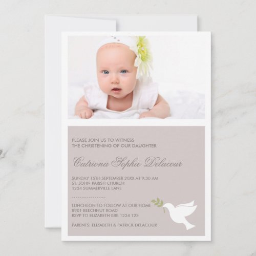 White Dove  Olive Branch Photo Baptism Invitation