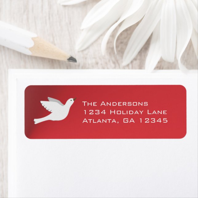 White Dove on Cherry Red Christmas Labels (Insitu)
