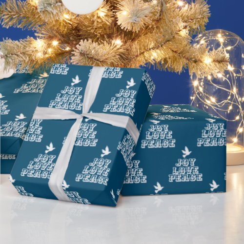 White dove on dark blue joy love peace Christmas Wrapping Paper