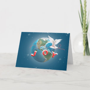 White Dove On Earth Planet With Joy Ornament Holiday Card