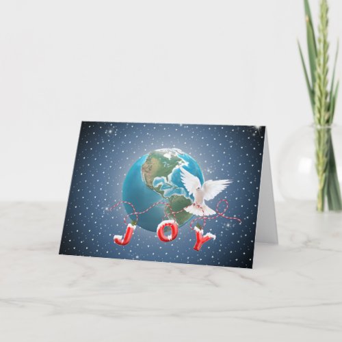 White Dove On Earth Planet With Joy Text Holiday Card