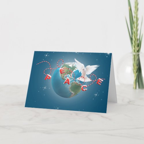 White Dove On Earth Planet With Peace Text Holiday Card