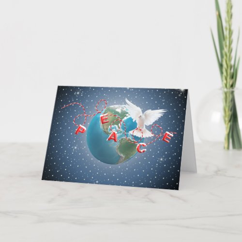 White Dove On Earth Planet With Peace Text Holiday Card