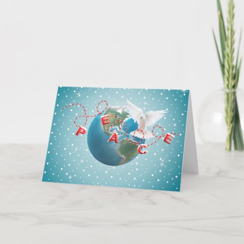 White Dove On Earth Planet With Peace Text  Holiday Card