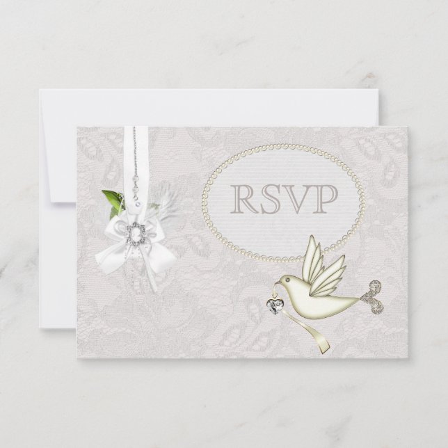 White Dove Paisley Lace & Cameo Bow RSVP Wedding (Front)