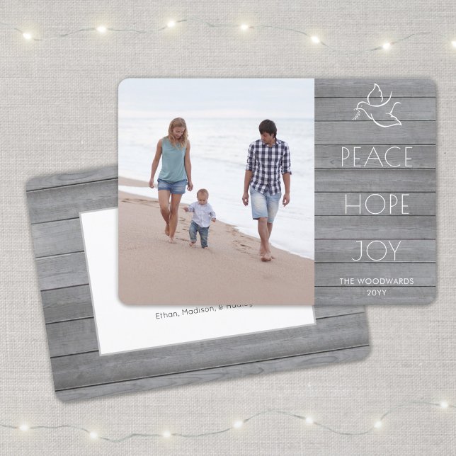 White Dove Peace Hope Joy Simple Photo Gray Wood Holiday Card (Creator Uploaded)