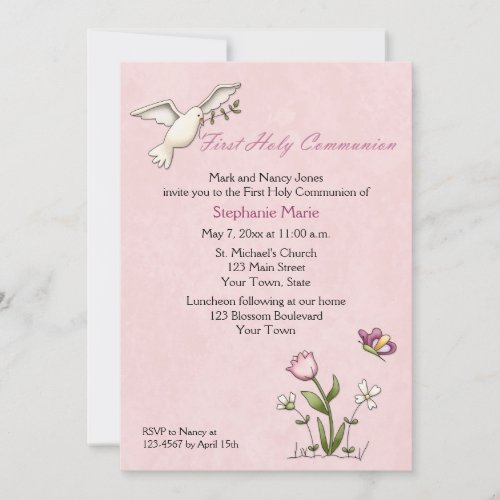 White Dove Pink Flower Holy Communion Invitation