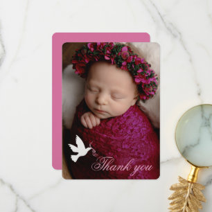 White dove pink girls baptism photo thank you card