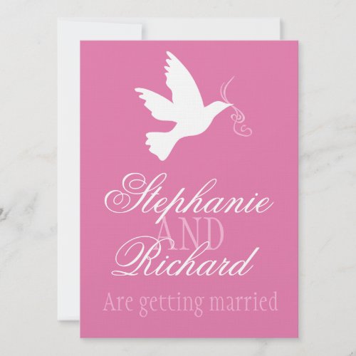 White dove pink ribbon formal wedding invite
