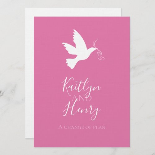 White dove pink ribbons change of wedding plans invitation