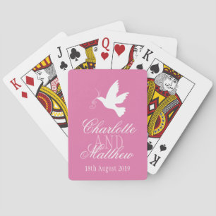 White dove pink ribbons wedding name playing cards