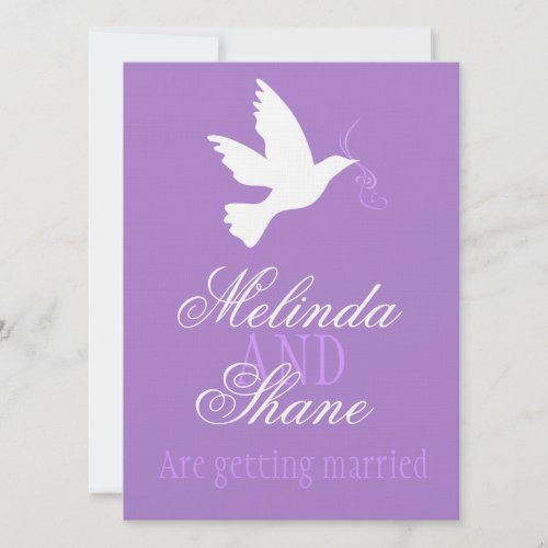 White dove purple ribbon formal wedding invite