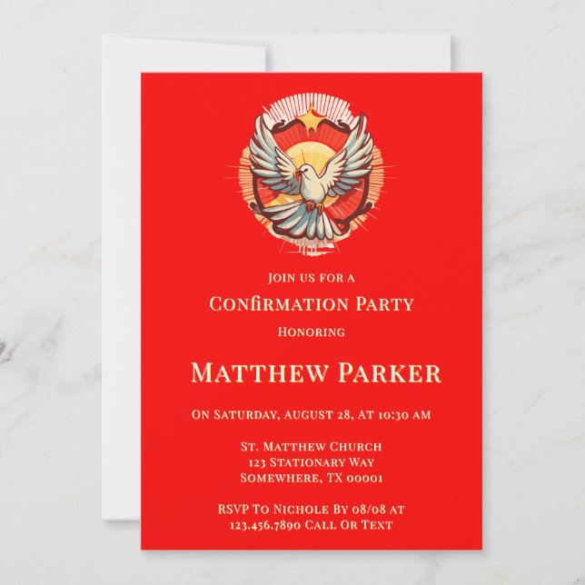 White Dove Red Flamed Confirmation  Invitation (Front)