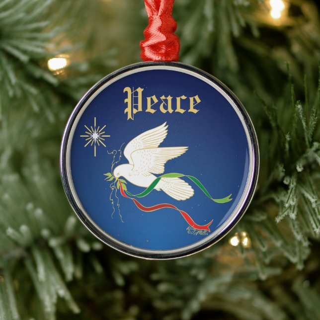 White Dove Spreading Peace Metal Ornament (Tree)
