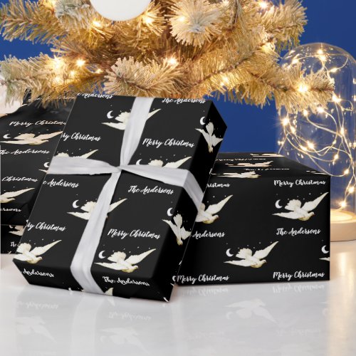 White Dove Stars Moon Merry Christmas Your Name Wrapping Paper