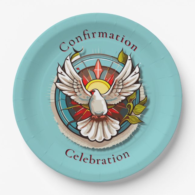 White Dove Teal Blue Confirmation Celebration  Paper Plates (Front)