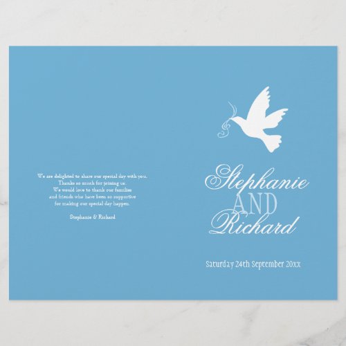 White dove with blue ribbons Wedding Programme