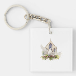 White Dove with Church Keychain