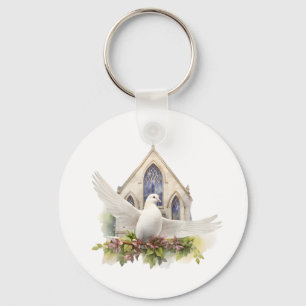 White Dove with Church Keychain