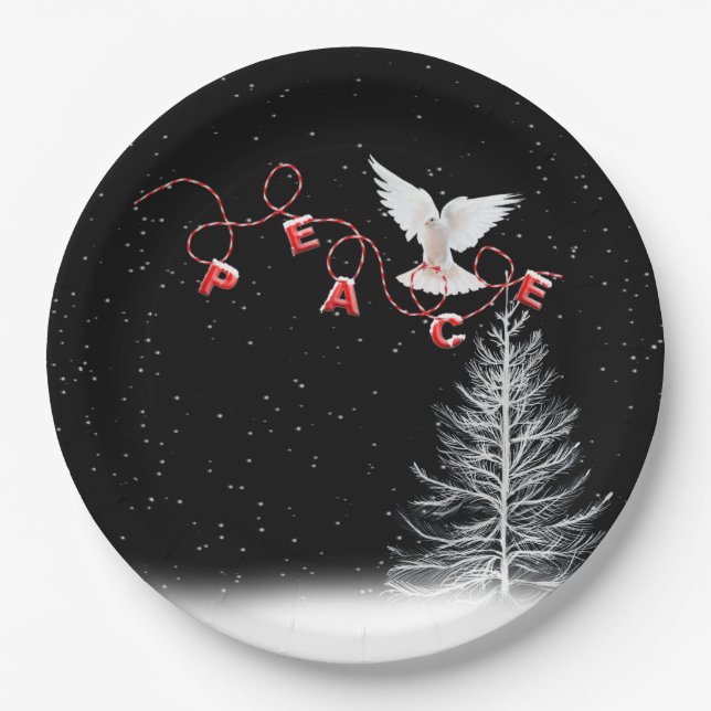 White Dove With Peace Christmas Ornament Paper Plates (Front)