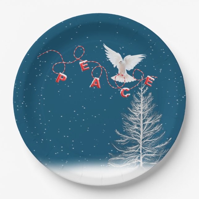 White Dove With Peace Christmas Ornament Paper Plates (Front)