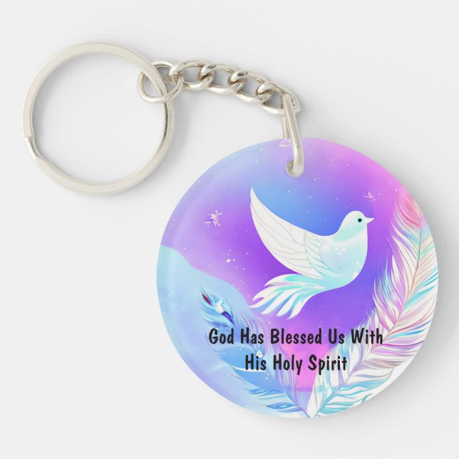 White Dove with Pink and Blue Feathers Keychain (Front)