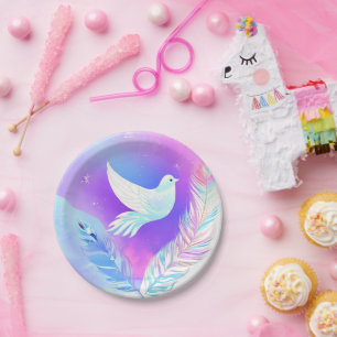 White Dove with Pink and Blue Feathers Paper Plates